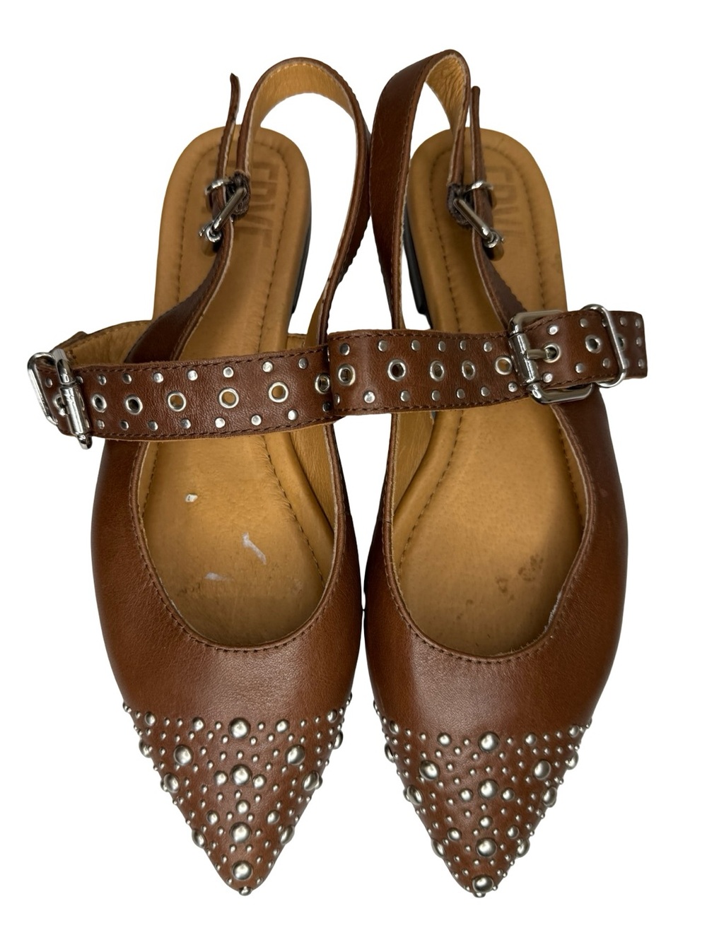 Frye HEATHER SLINGBACK STUDDED Flat Pointed Silver & Walnut Leather